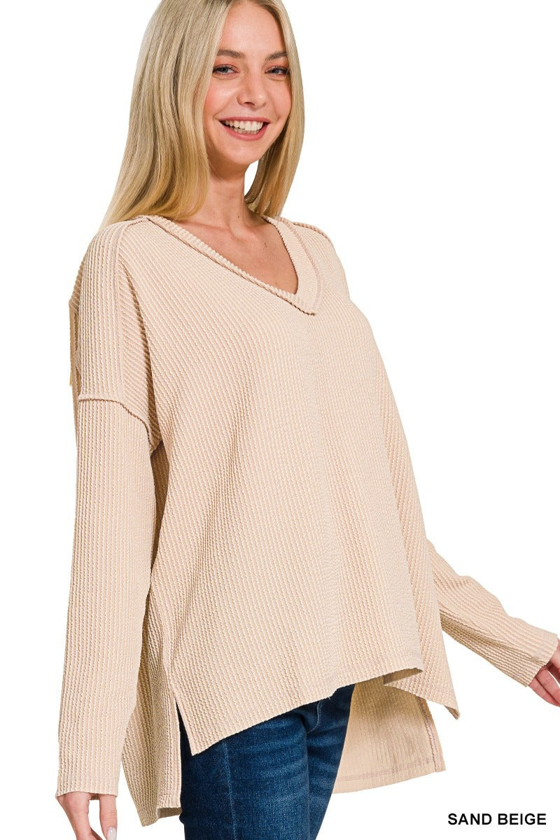 Corded Rib Long Sleeve Hi-Low V-neck Top