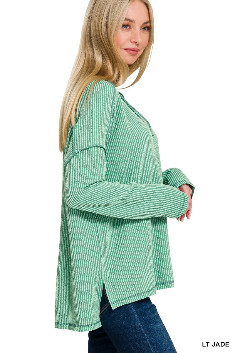Corded Rib Long Sleeve Hi-Low V-neck Top