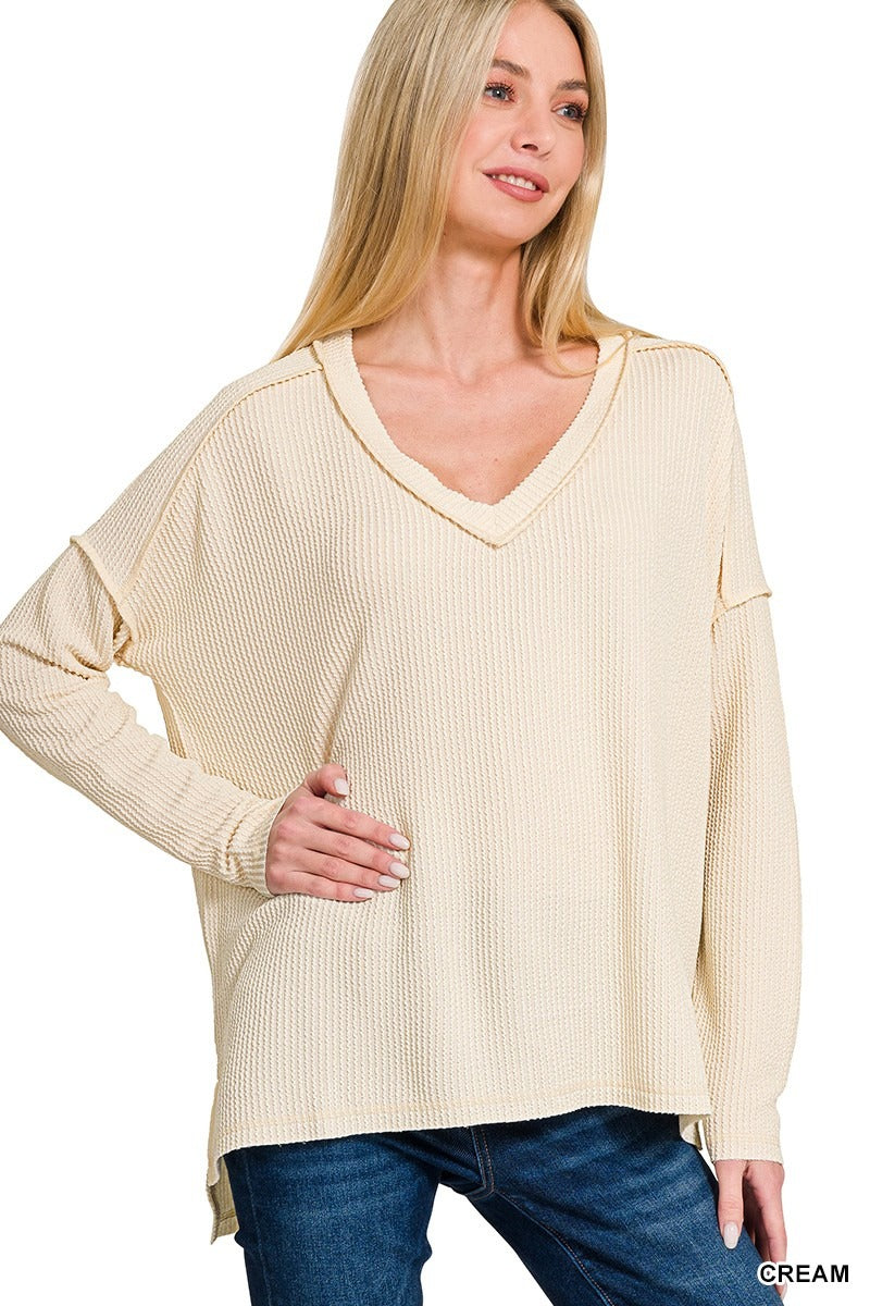 Corded Rib Long Sleeve Hi-Low V-neck Top