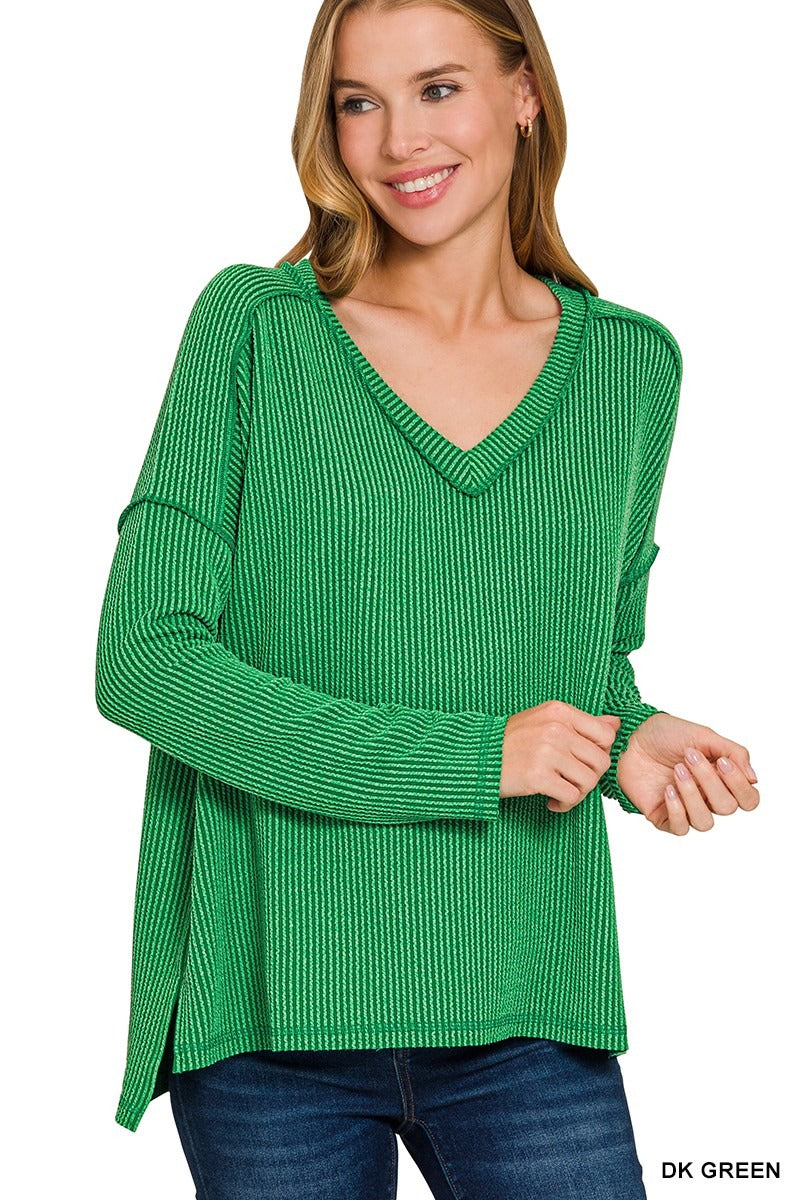 Corded Rib Long Sleeve Hi-Low V-neck Top