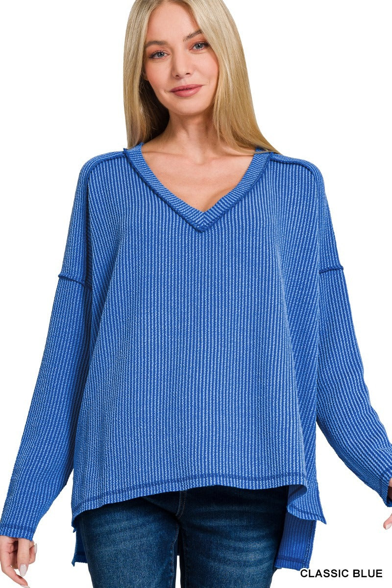 Corded Rib Long Sleeve Hi-Low V-neck Top