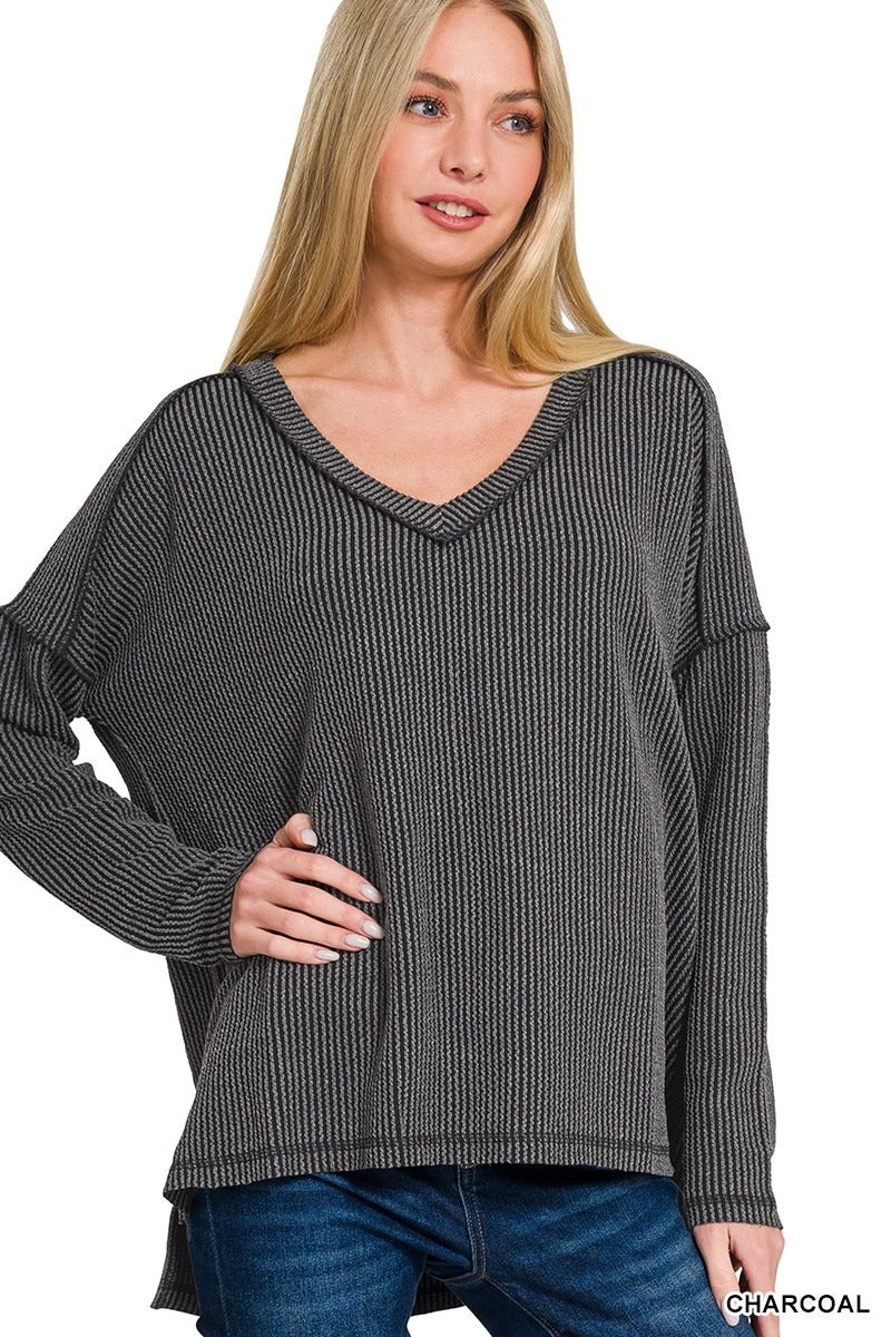Corded Rib Long Sleeve Hi-Low V-neck Top