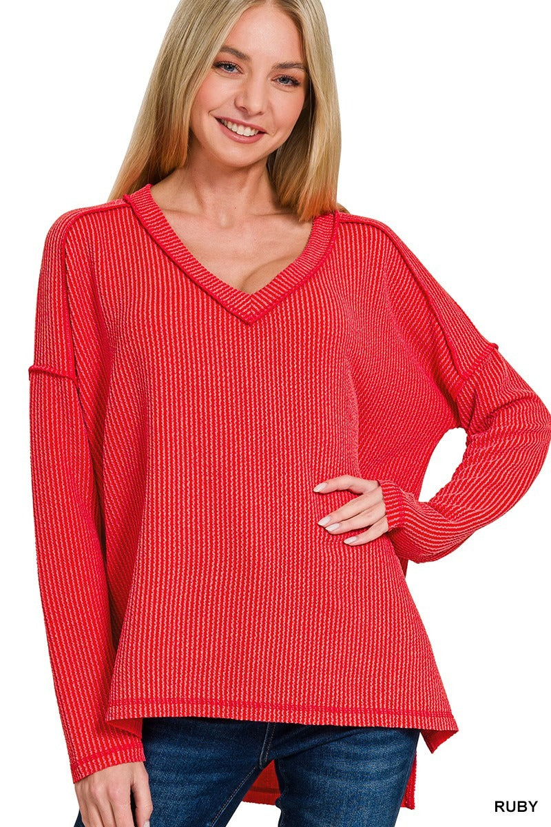 Corded Rib Long Sleeve Hi-Low V-neck Top