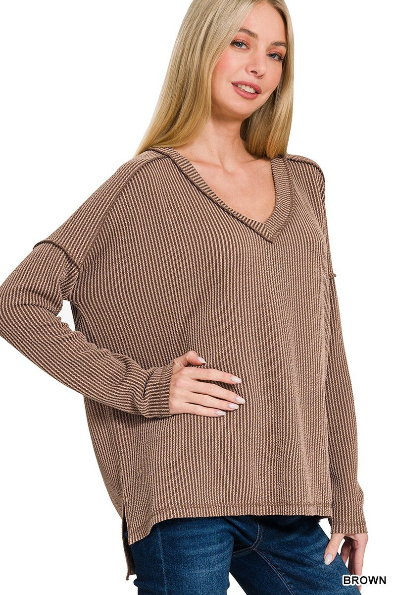 Corded Rib Long Sleeve Hi-Low V-neck Top