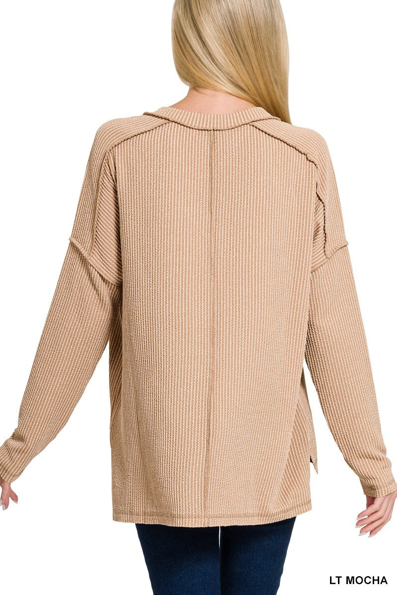 Corded Rib Long Sleeve Hi-Low V-neck Top