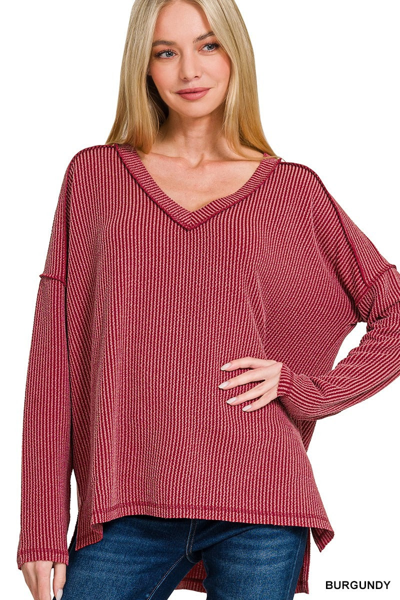 Corded Rib Long Sleeve Hi-Low V-neck Top