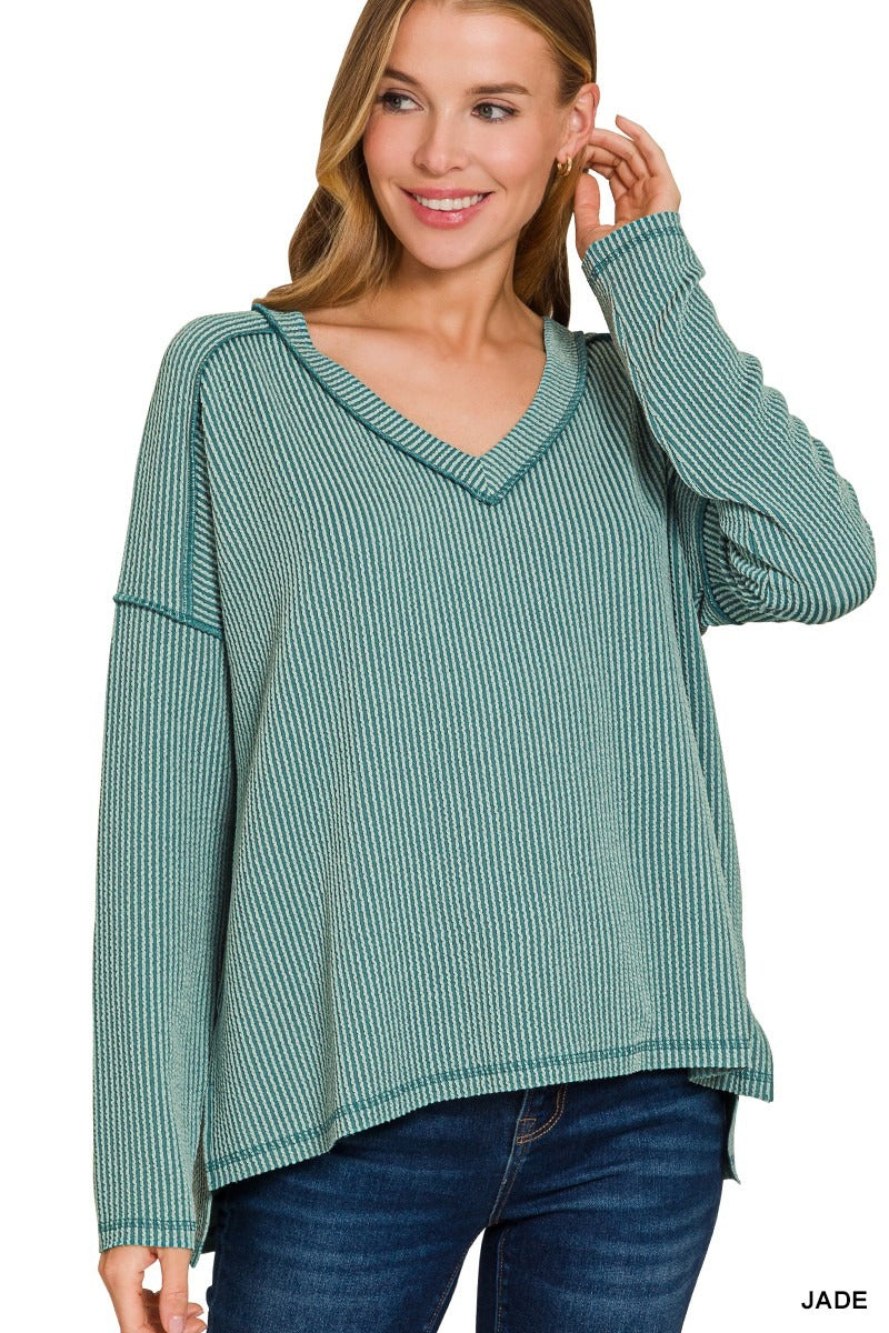 Corded Rib Long Sleeve Hi-Low V-neck Top