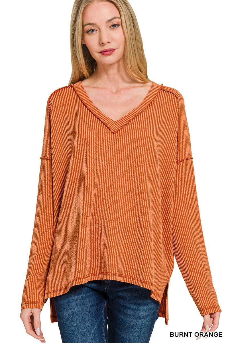 Corded Rib Long Sleeve Hi-Low V-neck Top