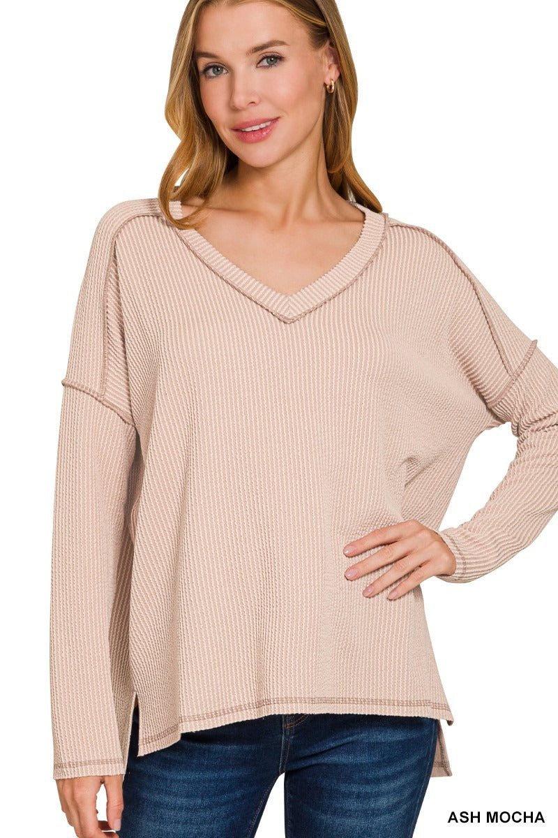 Corded Rib Long Sleeve Hi-Low V-neck Top
