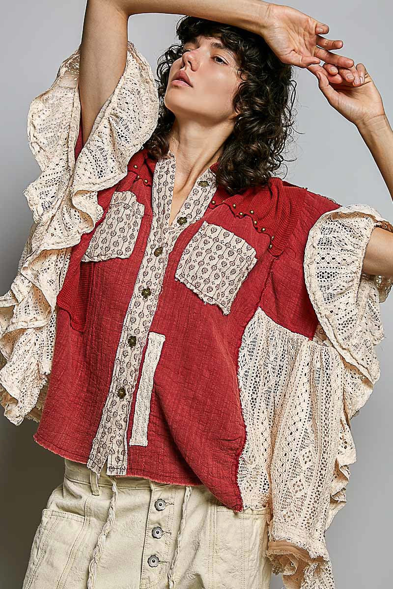 POL Clothing ruby red double-gauze shirt back view, cream lace side panels and ruffled sleeves