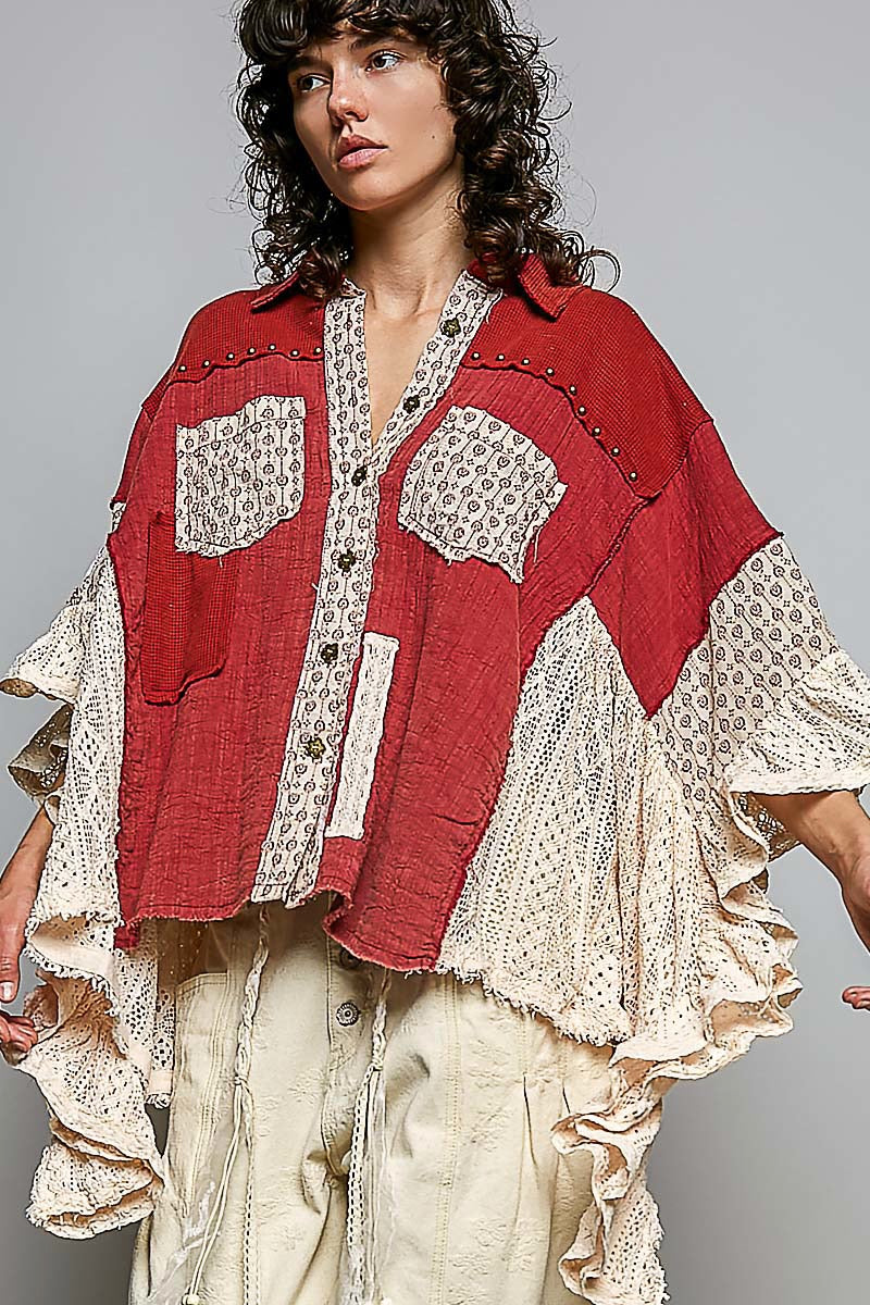POL Clothing ruby red lace patch shirt full-length front view with roomy silhouette