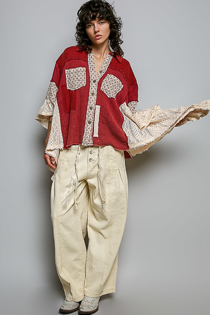 POL Clothing ruby red crochet patch shirt front view with wide lace sleeves extended
