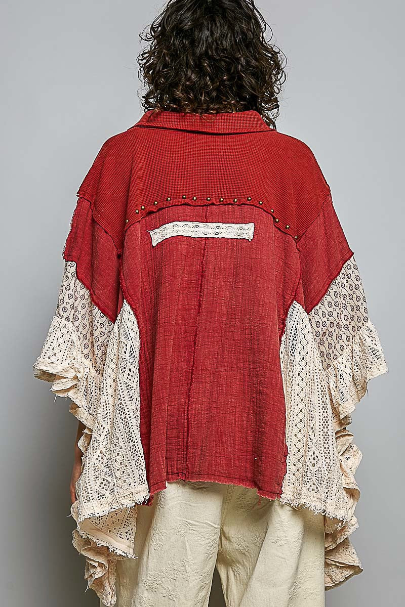 POL Clothing ruby red double-gauze shirt front detail, chest pockets and metal buttons