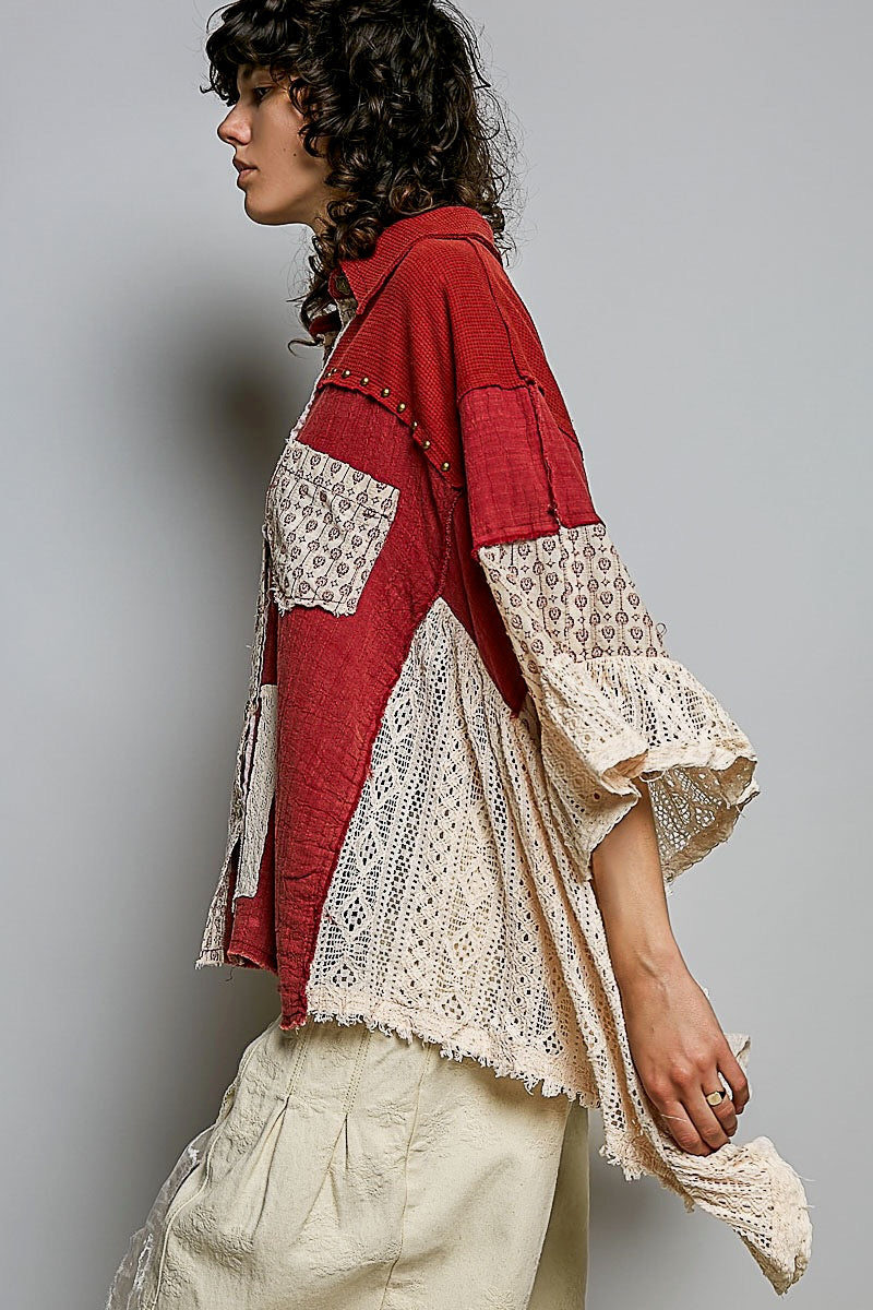 POL Clothing ruby red lace double-gauze shirt three-quarter view with ruffled cream sleeves