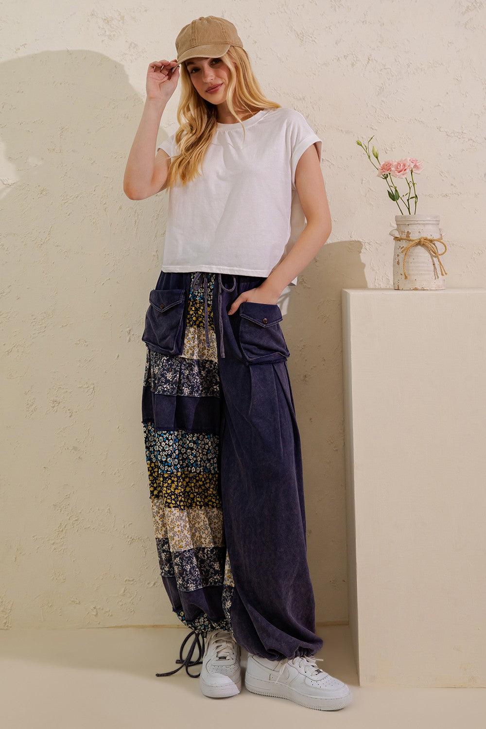 Sage + Fig SP8079 navy floral patchwork wide-leg pants with flap pockets, front detail