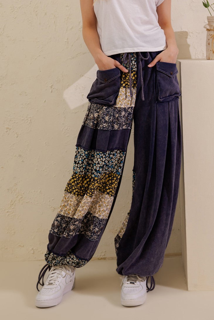 Sage + Fig SP8079 navy Garden Trail patchwork pants, back view with floral panels