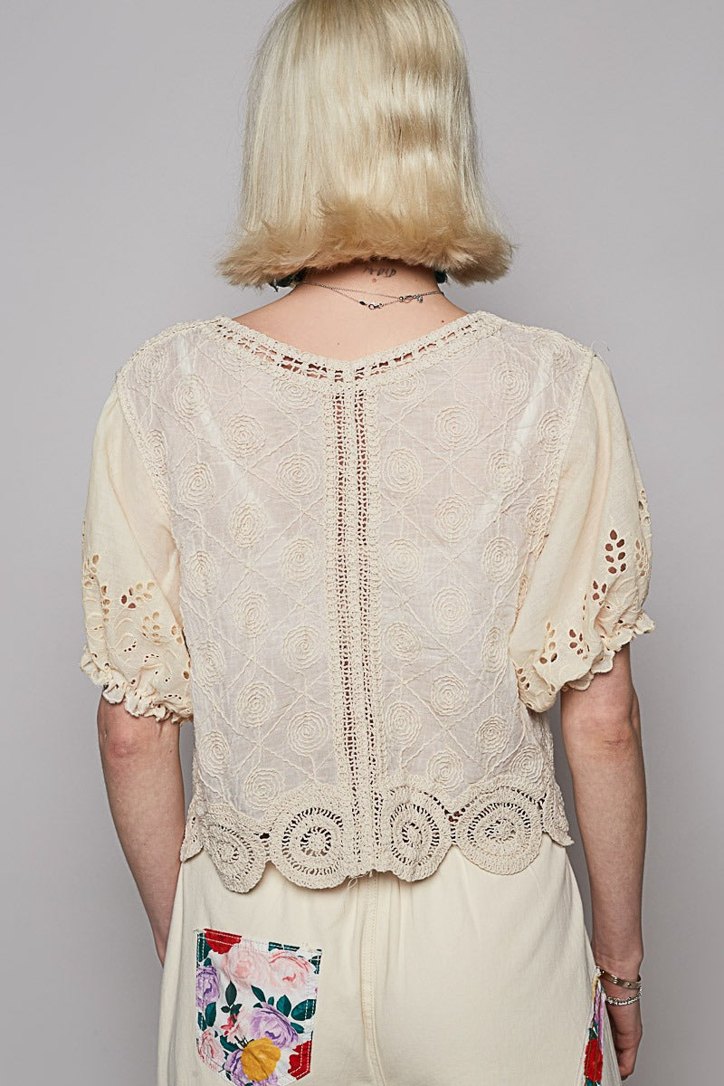 POL Natural Crochet Balloon Sleeve Cardigan