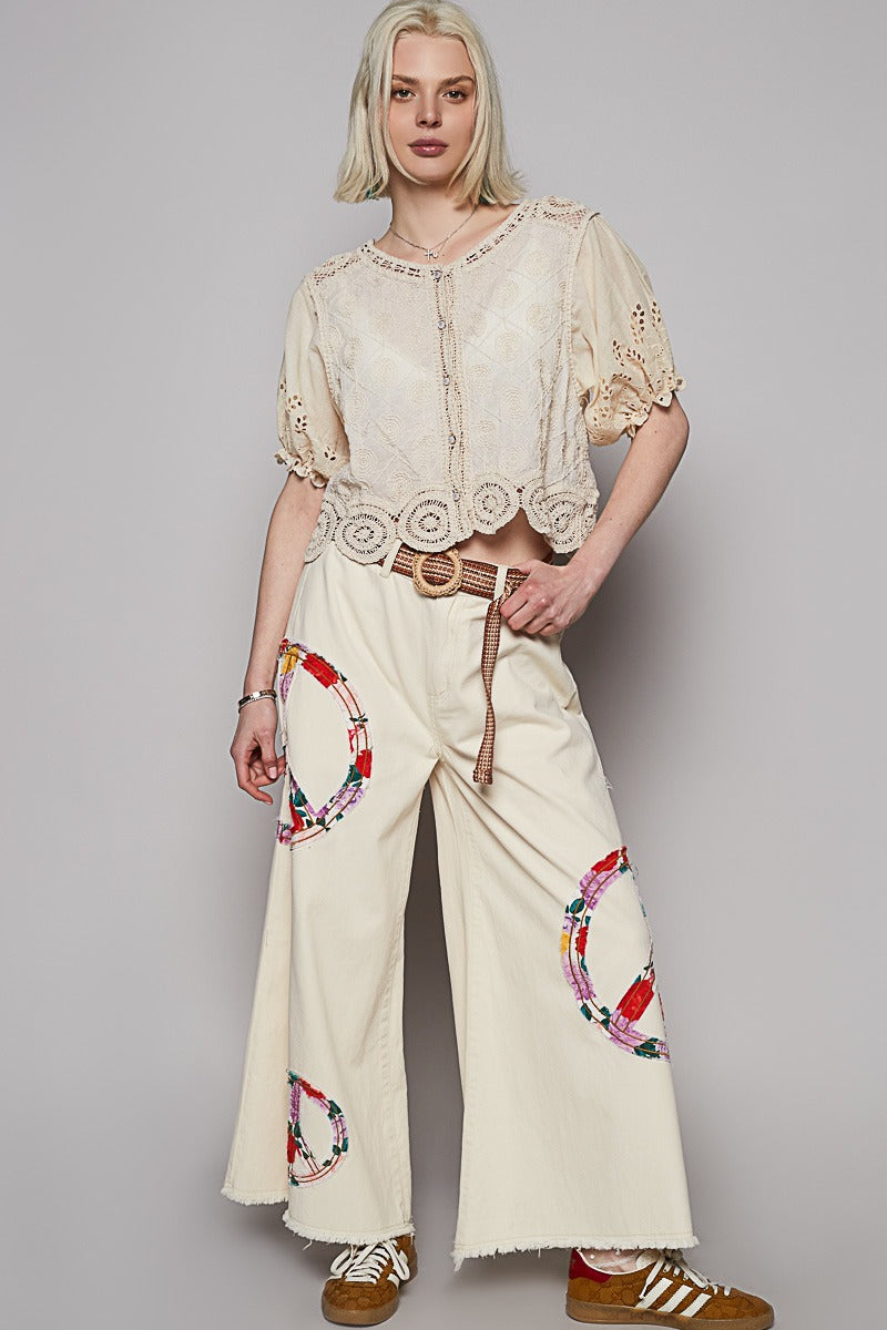 POL Natural Crochet Balloon Sleeve Cardigan