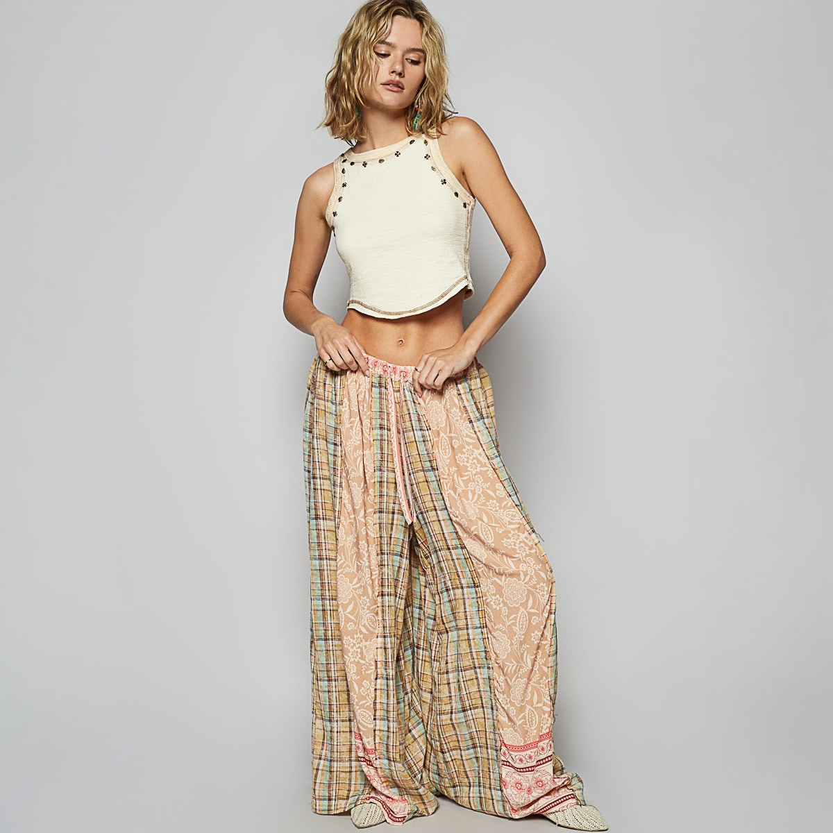 POL Clothing women's mocha patchwork wide-leg pants with gathered pink waistband, full front view
