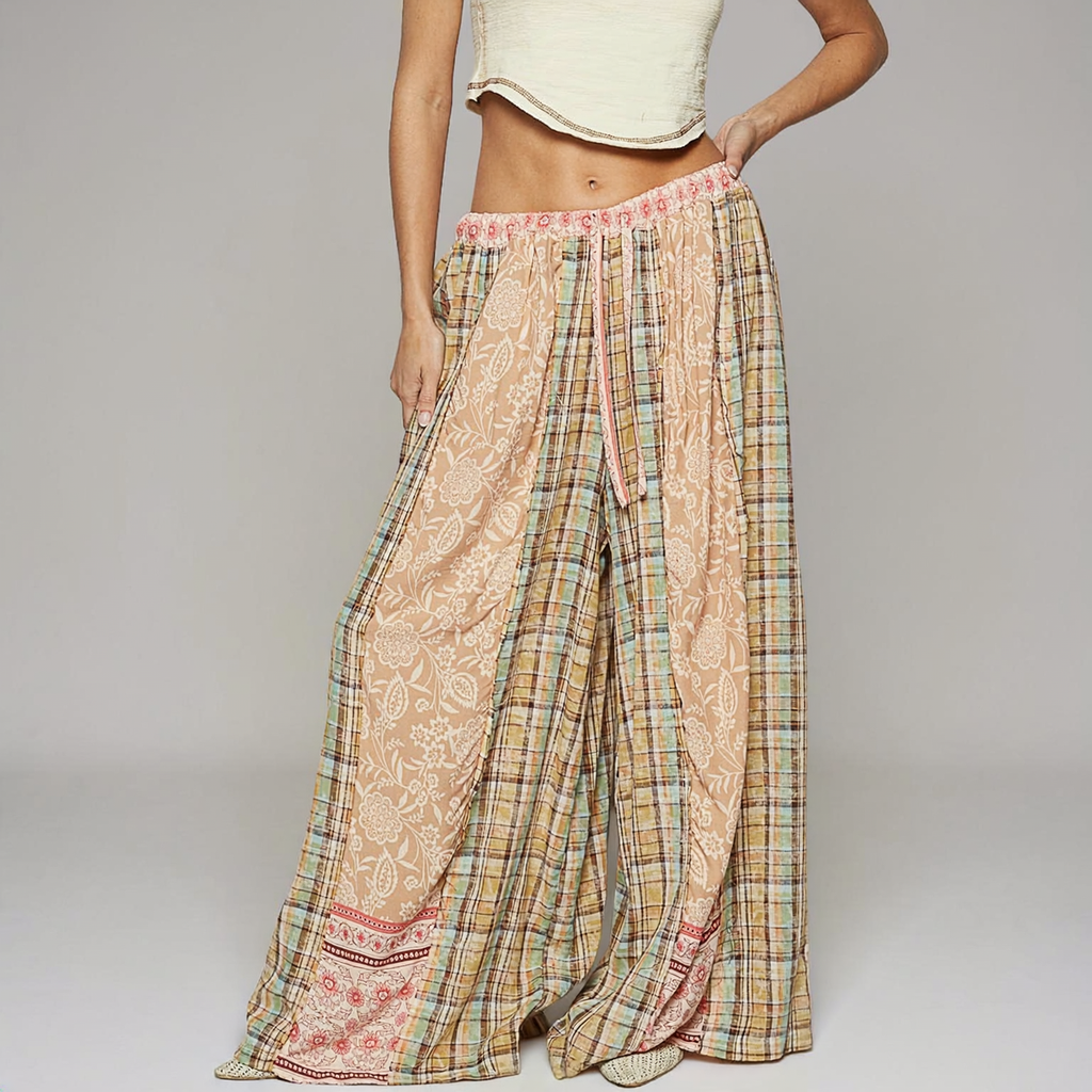 POL Clothing women's mocha floral and plaid patchwork wide-leg pants with pink drawstring waist, front detail
