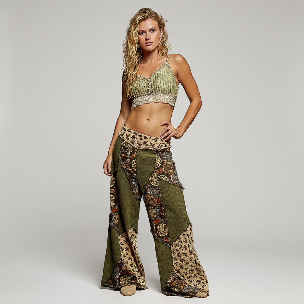 Women's olive boho patchwork pants cotton gauze roomy fit styled with top casual weekend outfit - BellanBlue