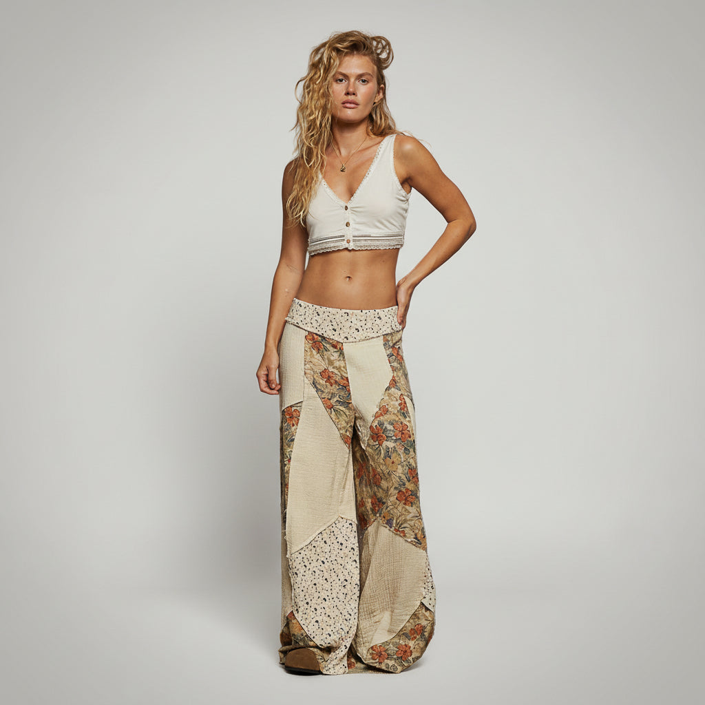 Women's natural boho patchwork pants with floral and geometric cotton gauze pattern casual weekend outfit