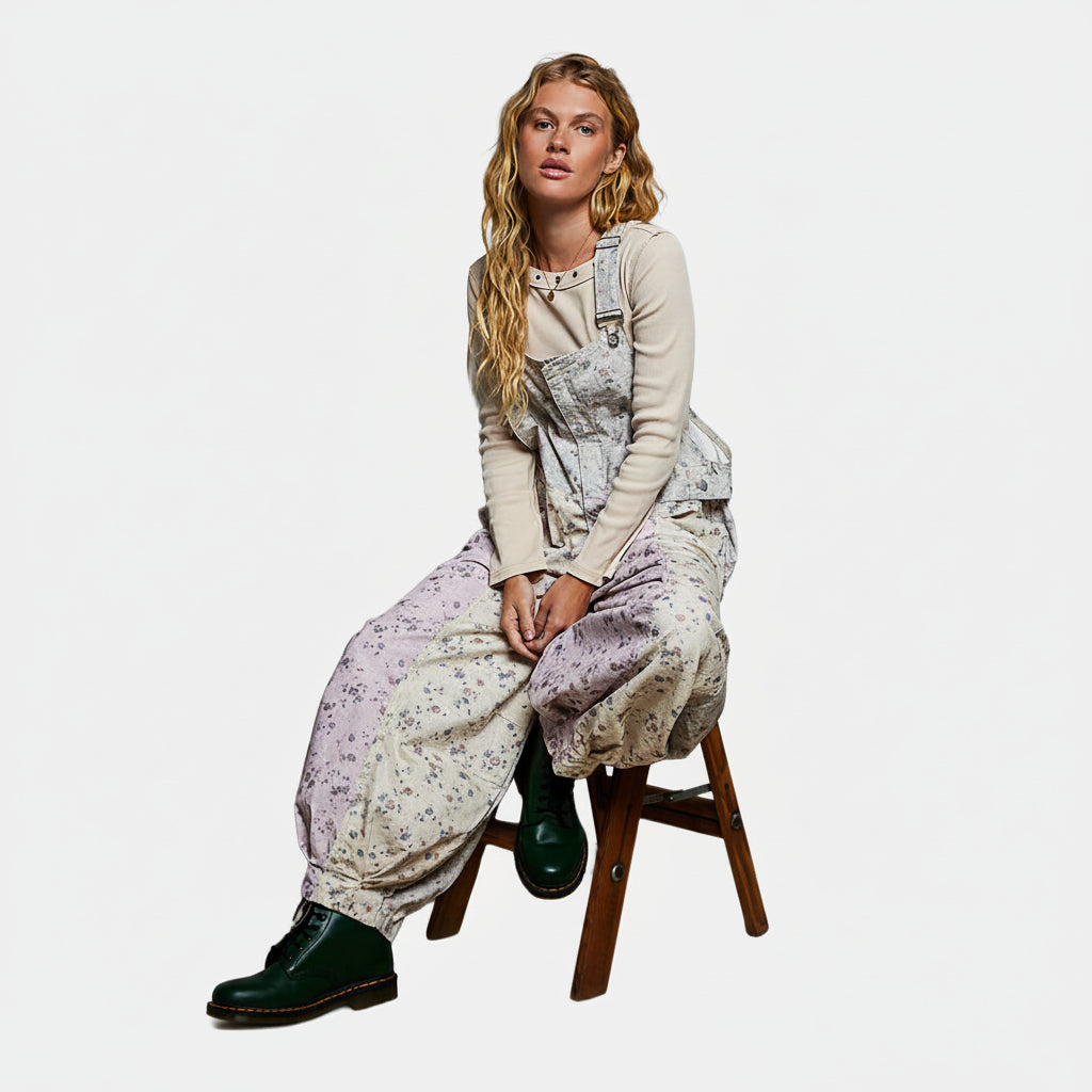 A woman sits on a wooden stool wearing a cream long-sleeve top and light gray floral print overalls, paired with dark green boots, against a plain white background.