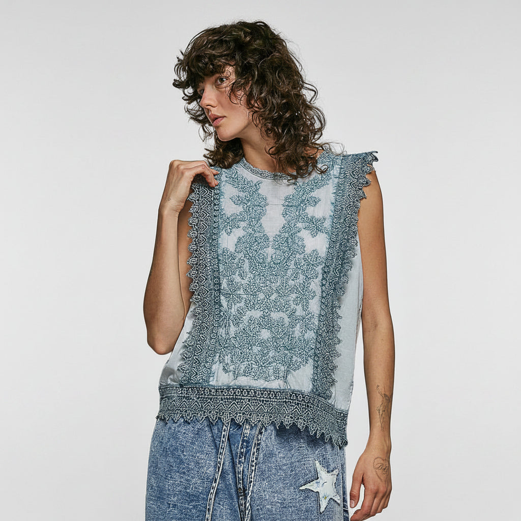 POL Clothing woman wearing a sleeveless top with intricate lace detailing against a plain background