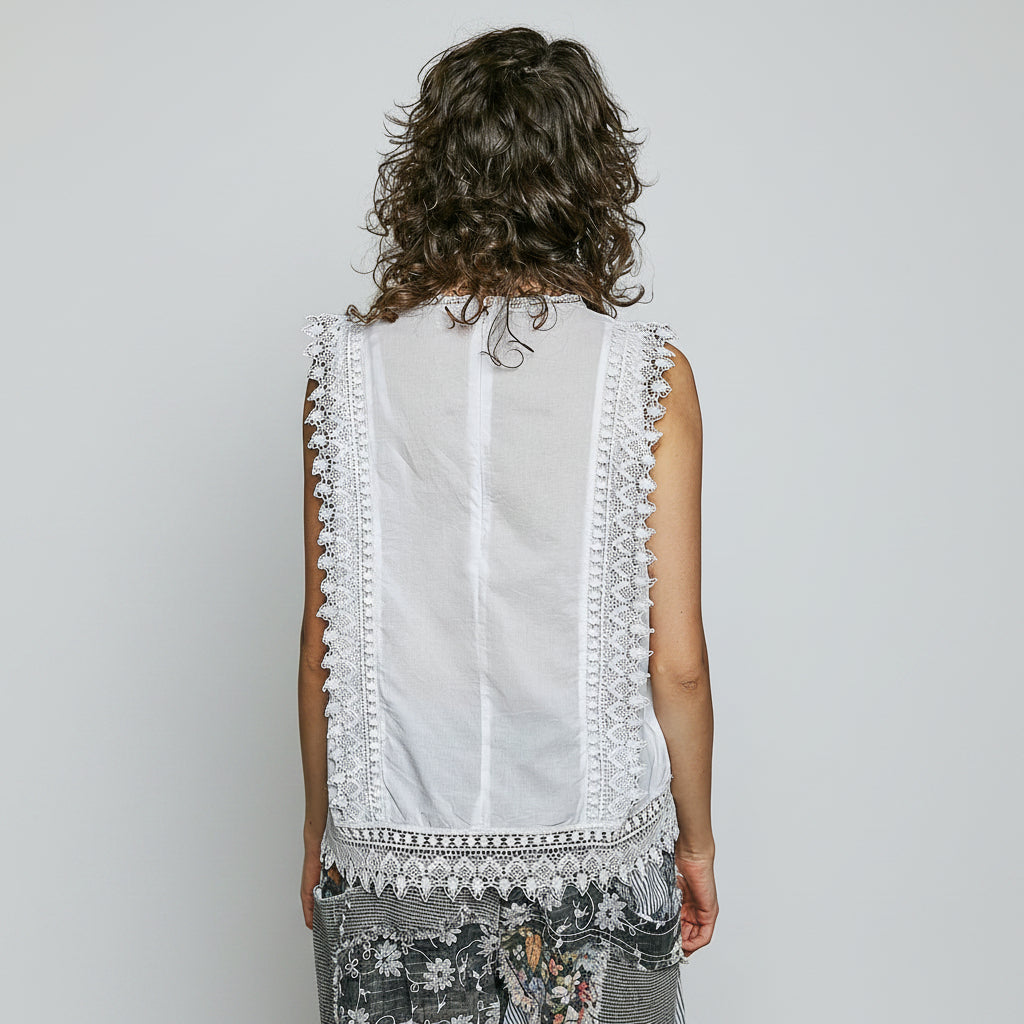 POL Clothing White sleeveless top with lace details on a white background