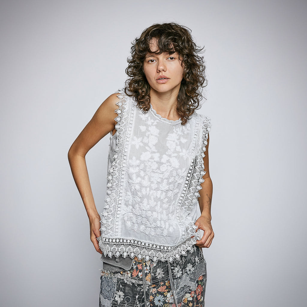 POL Clothing women wearing a white sleeveless top with lace details on a white background