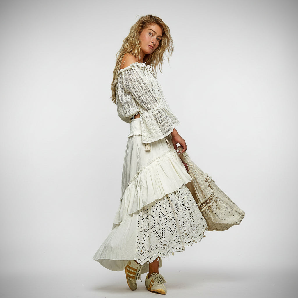 POL Clothing ivory tiered ruffle maxi skirt smocked waist tassel trim boho women's
