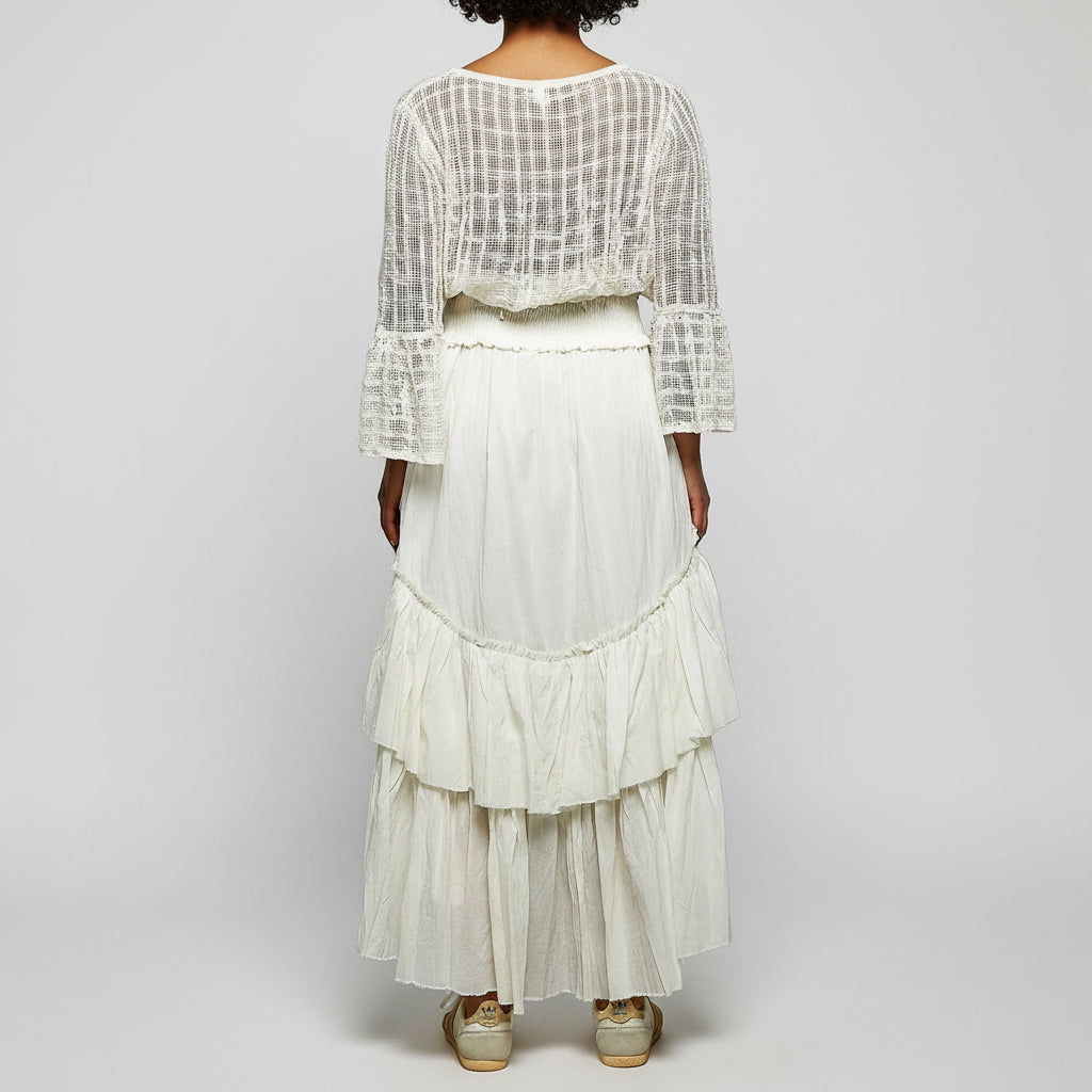 POL Clothing women's cream tiered maxi skirt tassel drawstring waist eyelet lace hem
