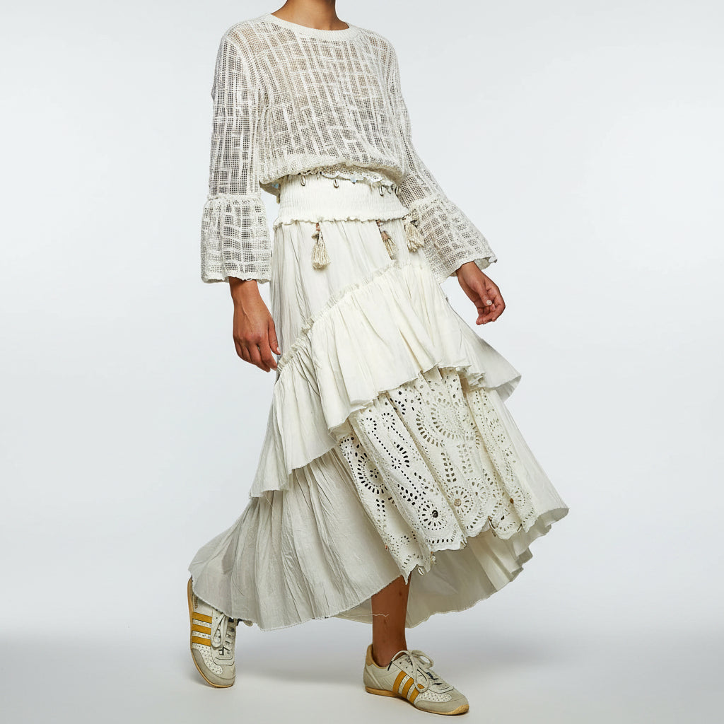 POL Clothing women's off-white tiered maxi skirt back view crinkled cotton ruffles
