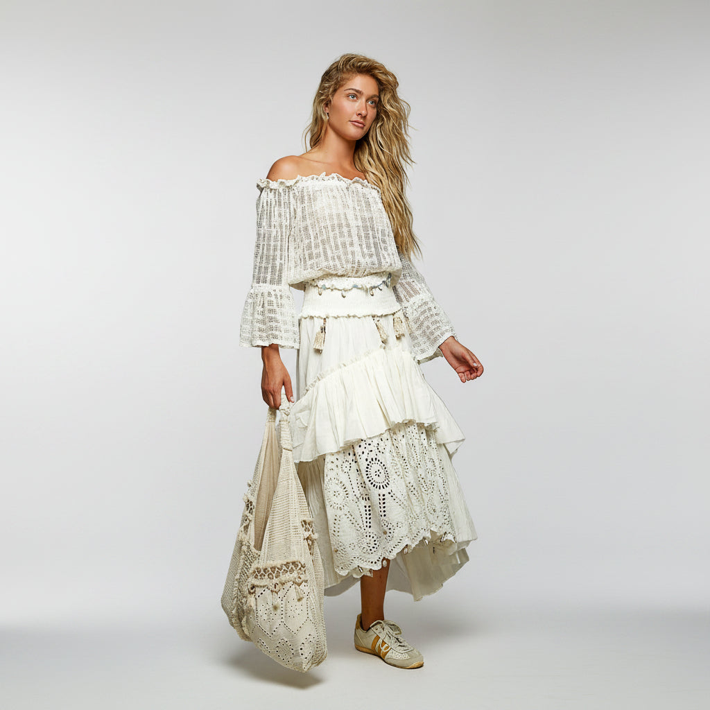 POL Clothing women's ivory boho maxi skirt crochet bag smocked waist lace tier
