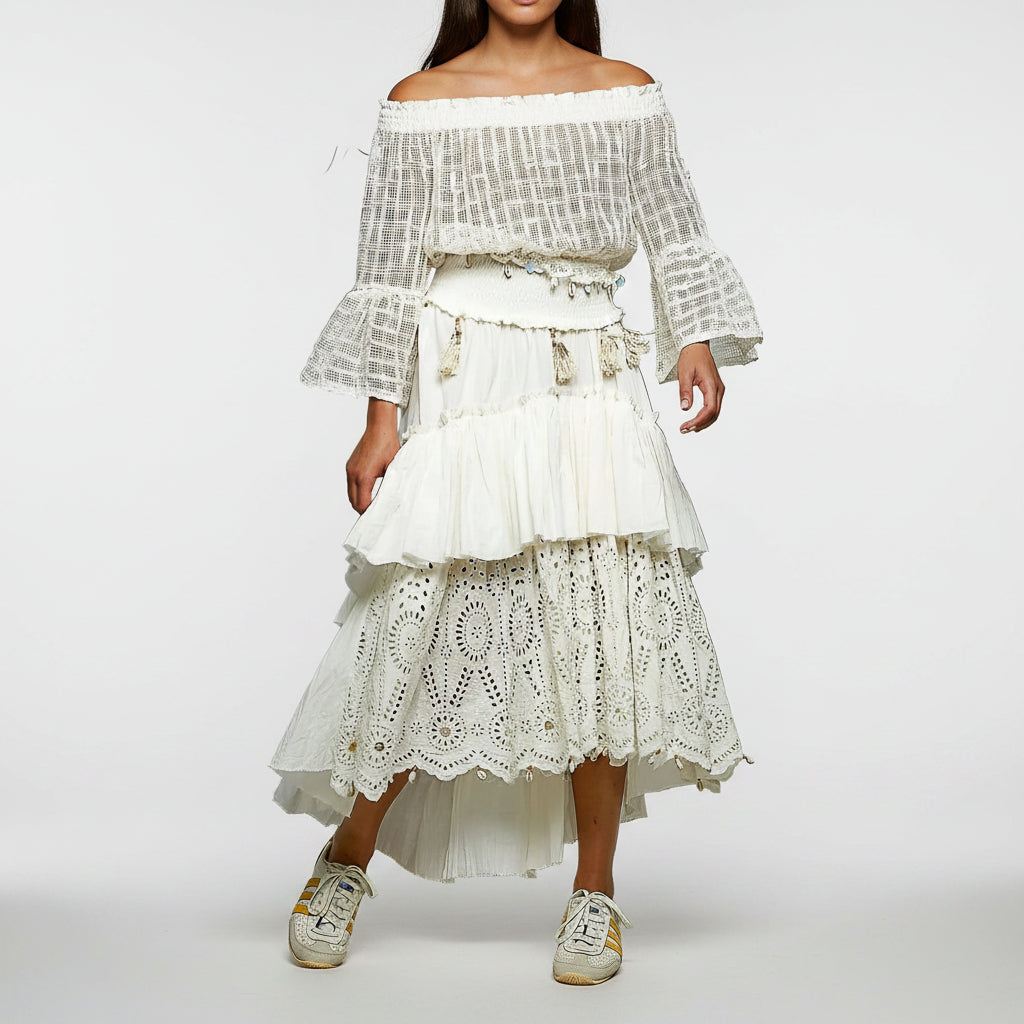 POL Clothing women's natural ivory ruffle maxi skirt broderie anglaise eyelet lace tier
