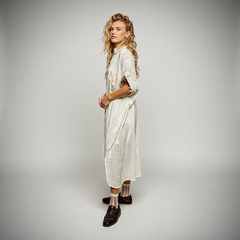 Woman wearing a white lace dress on a white background