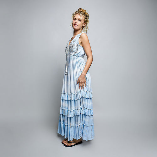 POL Clothing women's sky blue maxi dress, side profile studio view, tiered ruffle hem full length