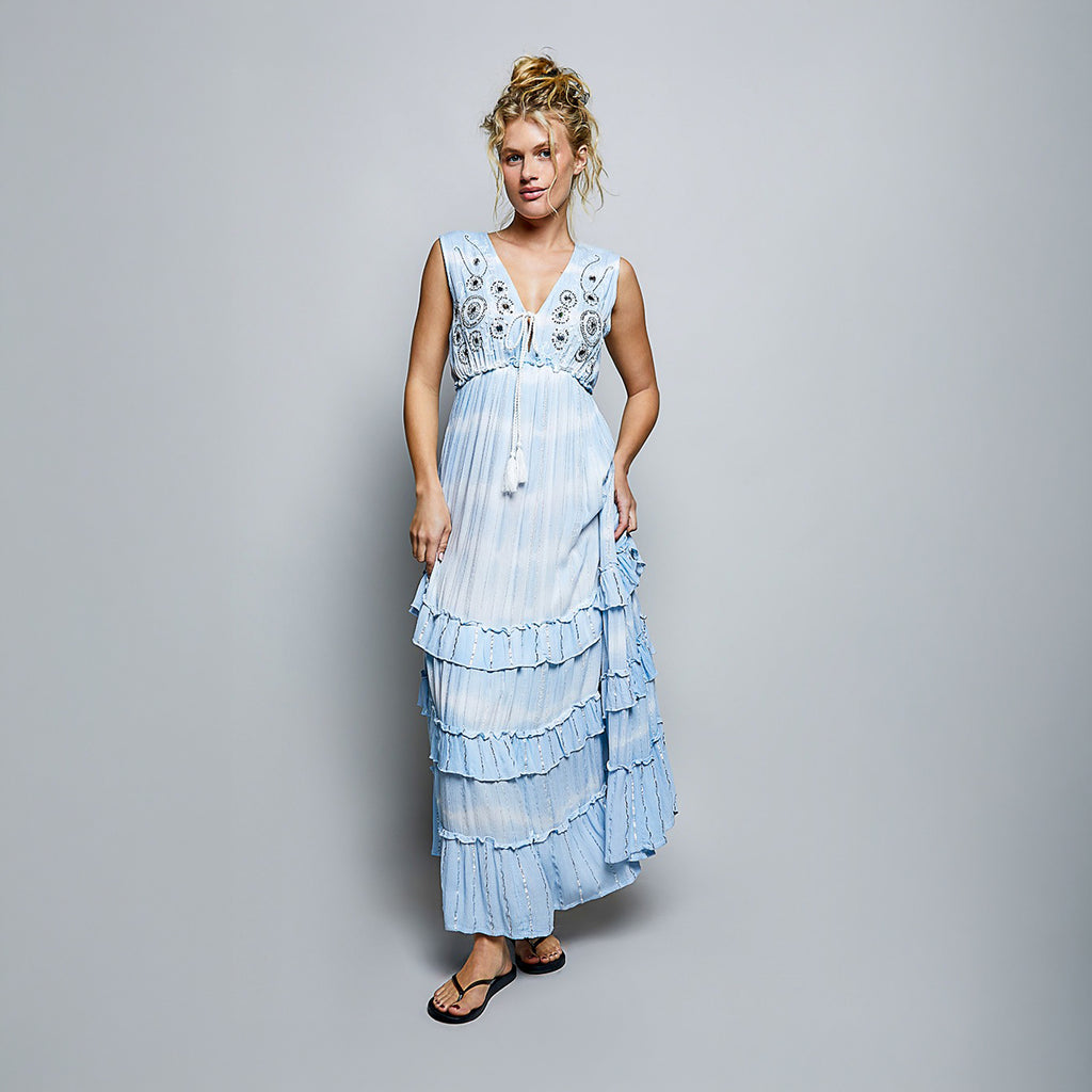 POL Clothing women's sky blue sleeveless maxi dress, clean front studio view, tassel tie neckline detail