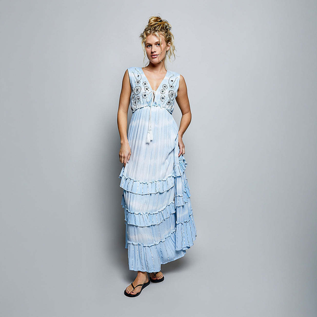 POL Clothing women's sky blue sleeveless maxi dress, clean front studio view, tassel tie neckline detail