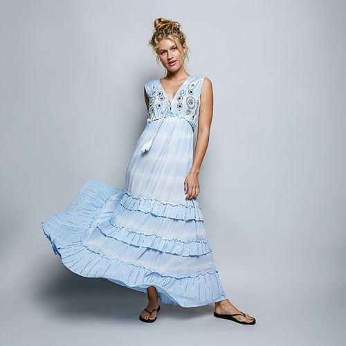 POL Clothing women's sky blue embroidered tassel tie maxi dress, tiered ruffle skirt, front studio view - BellanBlue