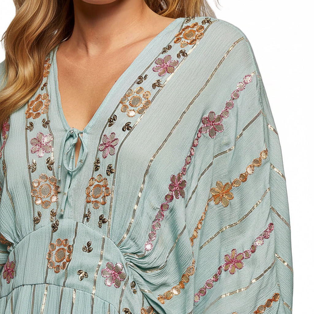 POL Floral Embroidered Kimono Maxi Dress in Seafoam