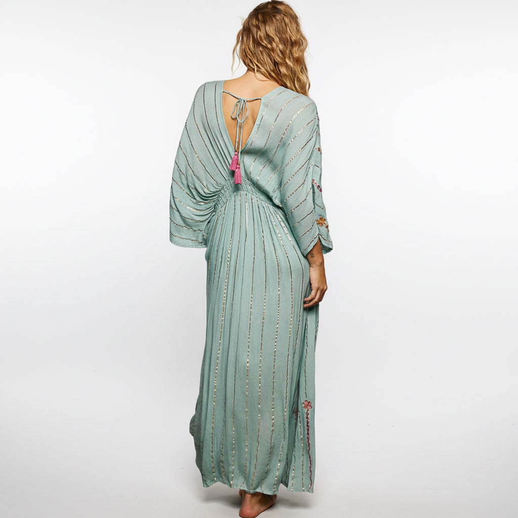 POL Floral Embroidered Kimono Maxi Dress in Seafoam