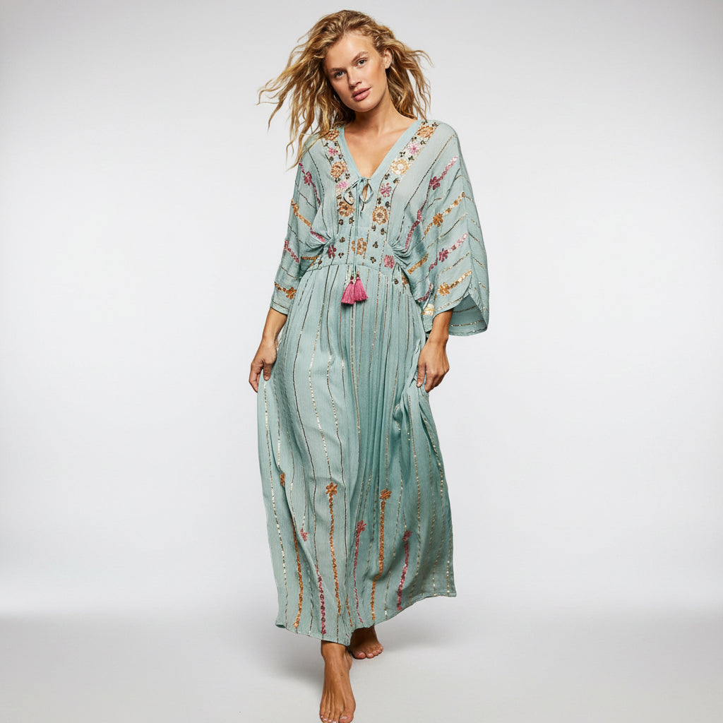 POL Floral Embroidered Kimono Maxi Dress in Seafoam