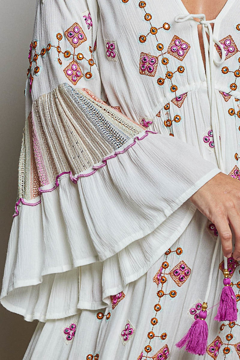 POL Embroidered Tiered Maxi Dress in Ivory Multi