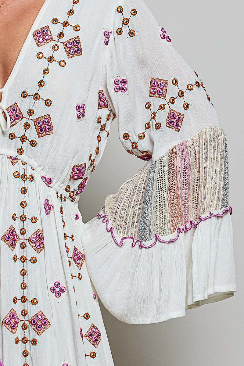POL Embroidered Tiered Maxi Dress in Ivory Multi