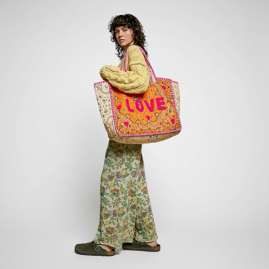 A woman stands against a white background carrying a large decorative tote bag. The bag has a cream base with colorful floral patterns and a bright orange center panel featuring the word 'LOVE' in pink letters.