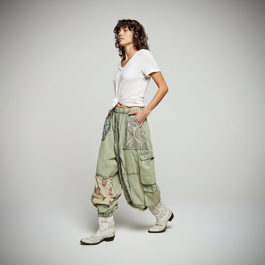 Women's olive multi patchwork pants with drawstring waist, straight-leg fit, side or three-quarter view
