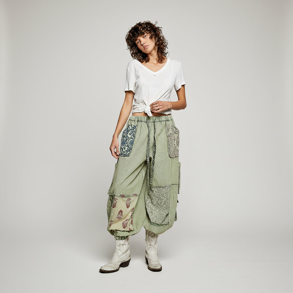 Women's olive multi patchwork straight-leg drawstring pants, relaxed fit, front view with full-length silhouette
