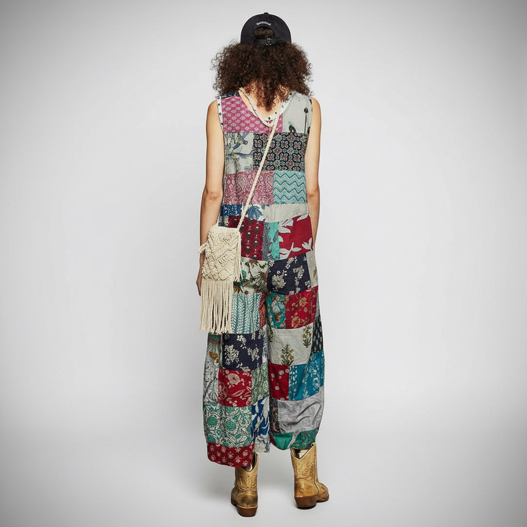 POL Patchwork Wide Leg Sleeveless Jumpsuit in Sage Multi
