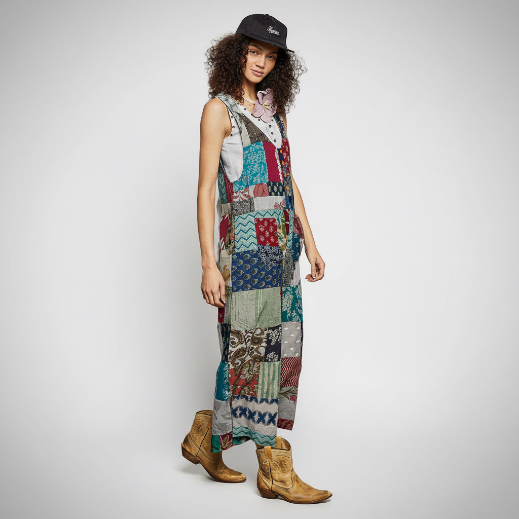 POL Patchwork Wide Leg Sleeveless Jumpsuit in Sage Multi
